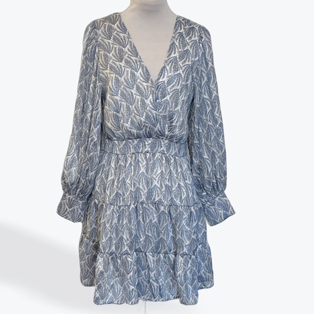 TCEC Blue White Leaf Print Tiered Mini Dress Balloon Sleeve Cottagecore Small